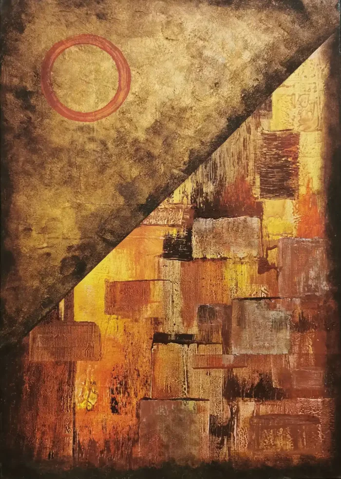 abstraktnÍ obraz autorky Hanele v rozměru: 50x70cm, zemité barvy rzi, rozdělení, kruh, město, plameny, slunce, očouzený vzhled okrajů