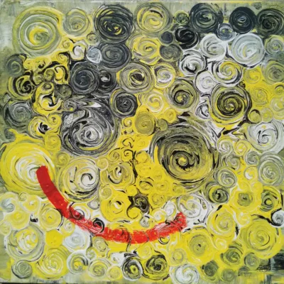 žlutý abstraktní obraz symbolizující úsměv úsměv, tmavší prvky - kruhy, kolečka, spirály. Úsměv jednoduše červený tah štětcem